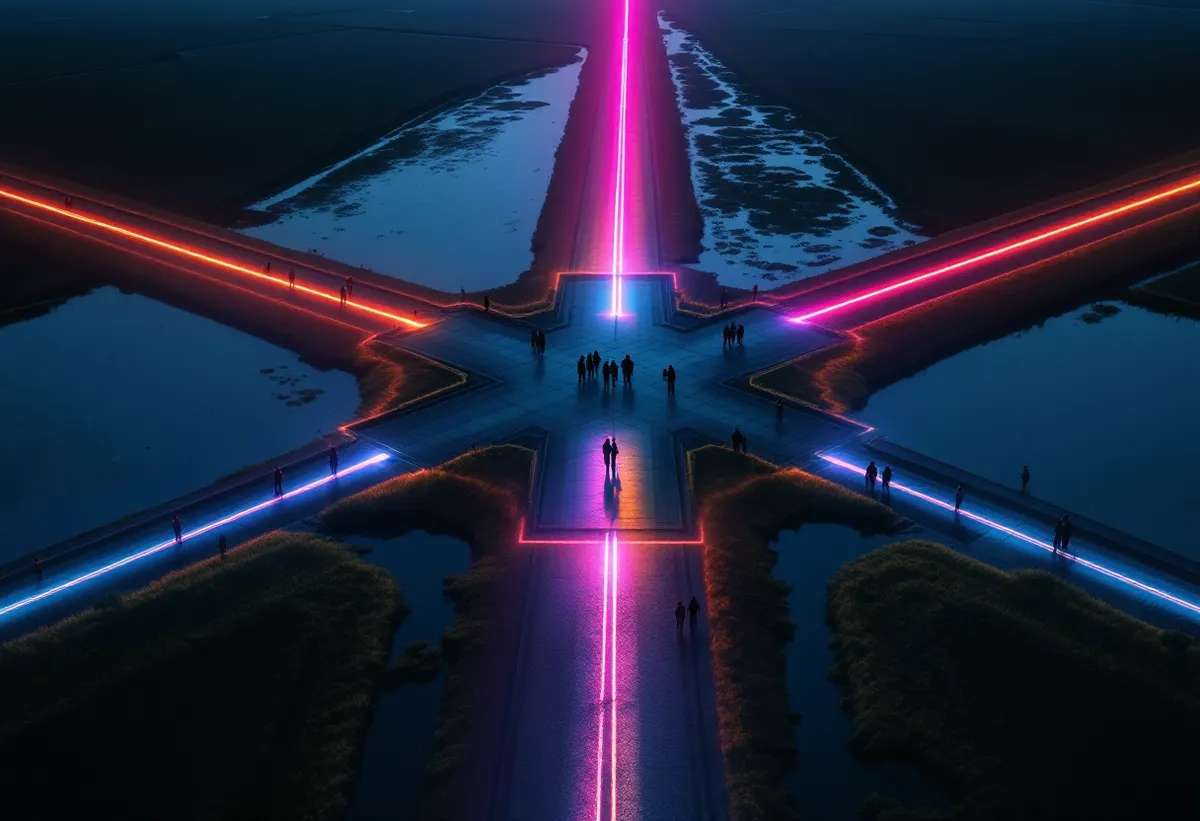 Lit paths crossing in a dark polder, with small groups of people meeting at the crossing.