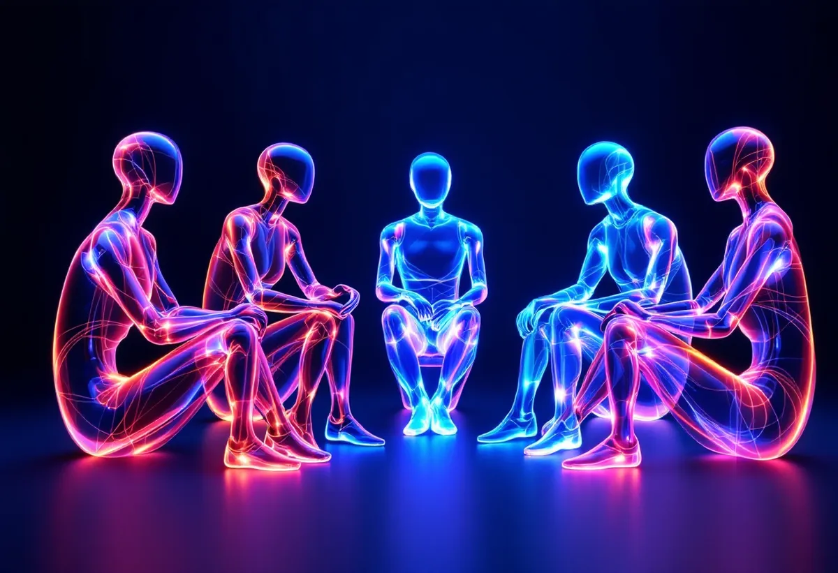 Five translucent figures of light sitting in a half circle in conversation.