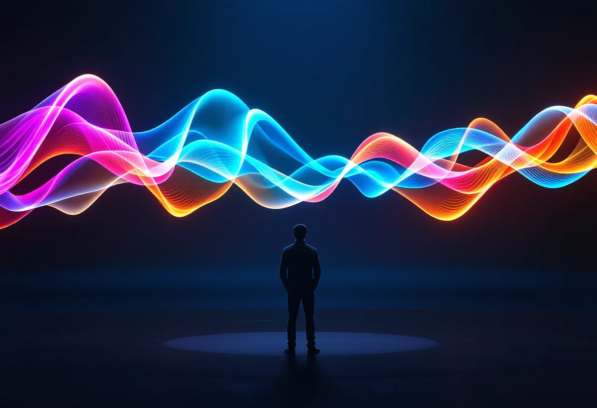 A lone figure on a dark stage facing a wall of flowing coloured light.