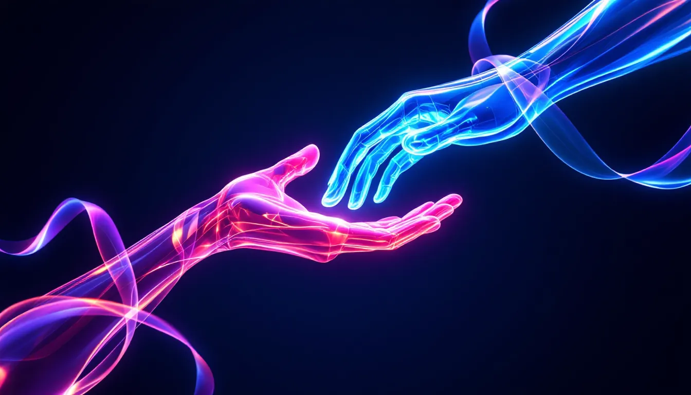 Two hands made of flowing coloured light reaching toward each other.