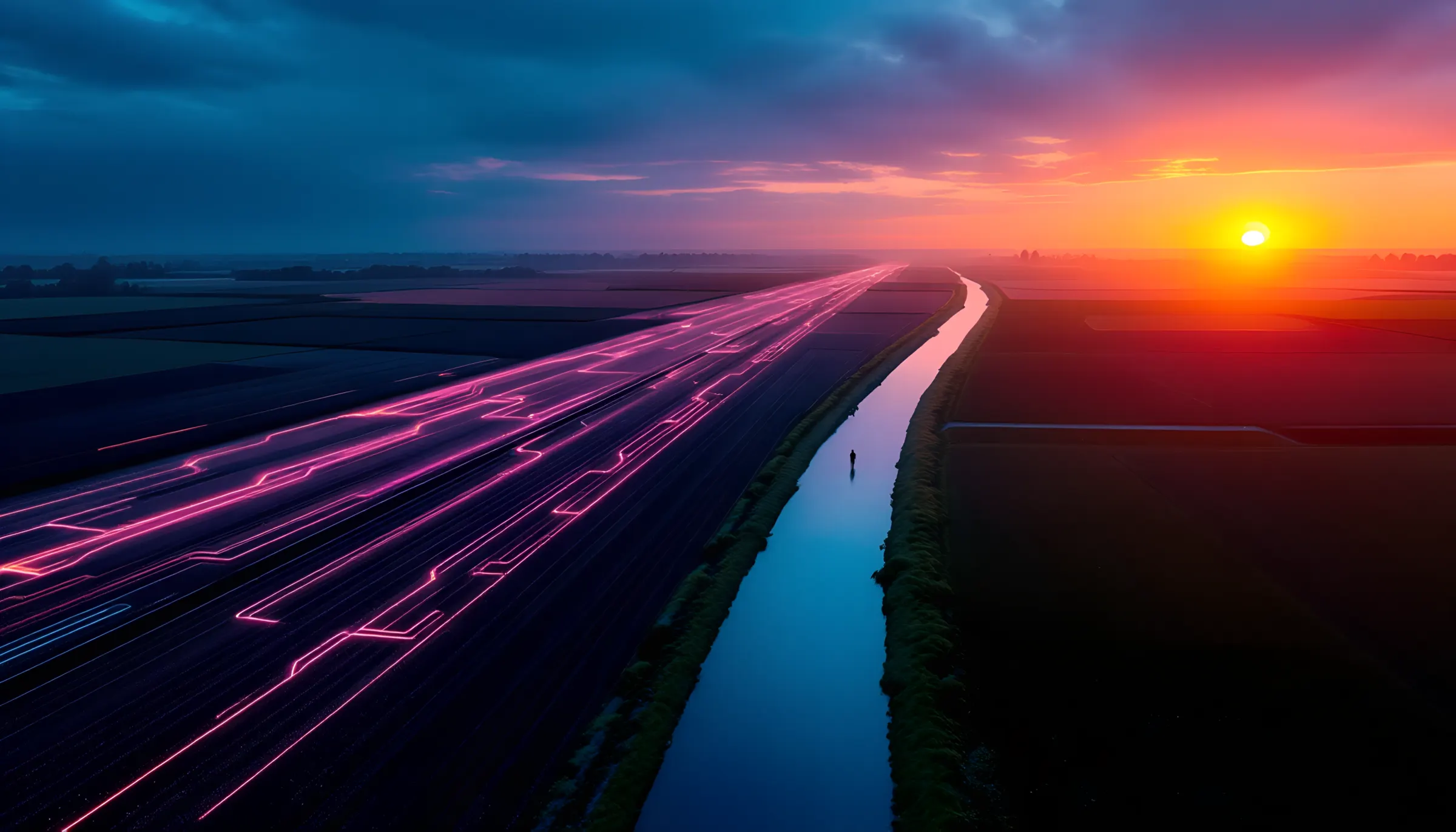 A Dutch polder at dusk seen from the air; the furrows of the fields glow like circuit lines running to the horizon.
