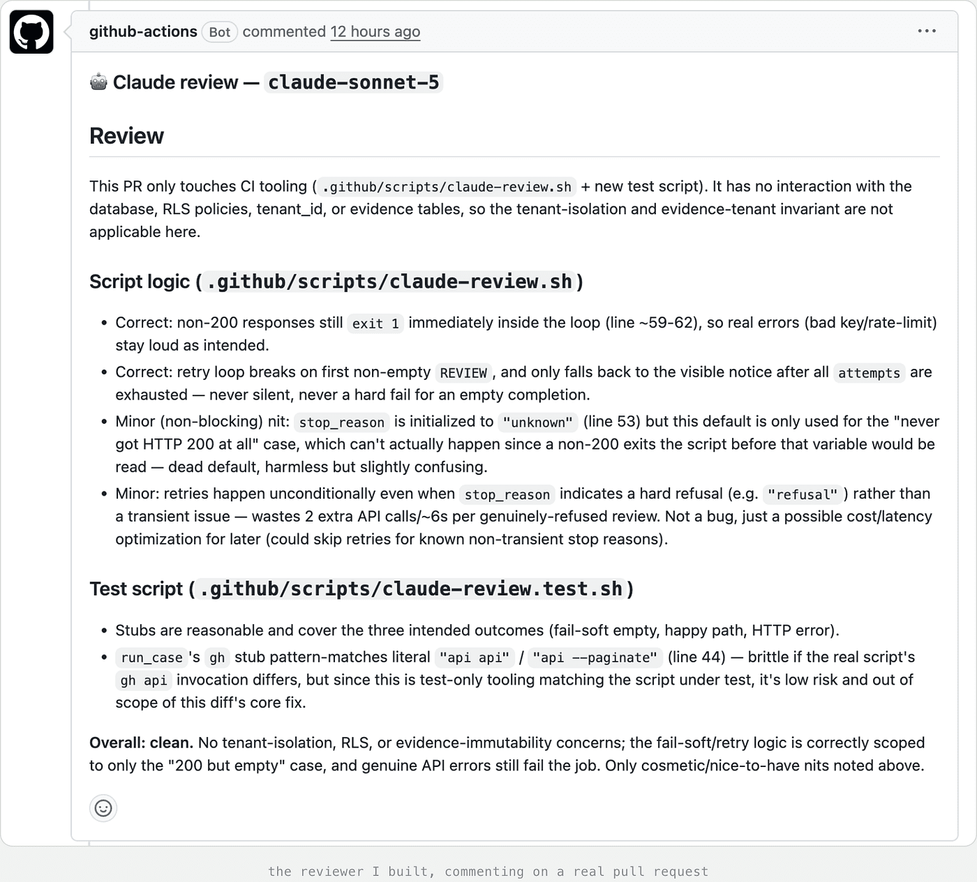 GitHub pull request comment from github-actions bot titled 'Claude review - claude-sonnet-5,' judging a CI-tooling-only PR as not applicable to tenant-isolation invariants, walking through the script logic and test script with two correct-behavior notes and two minor non-blocking nits, and concluding 'Overall: clean.'